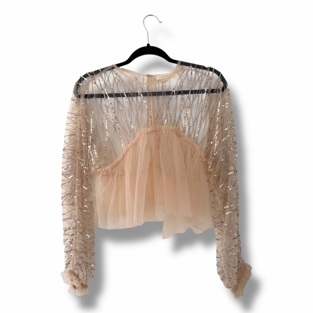 Anthropologie Forever That Girl Peach Embellished Sheer Beaded Tulle Top Sz XXS